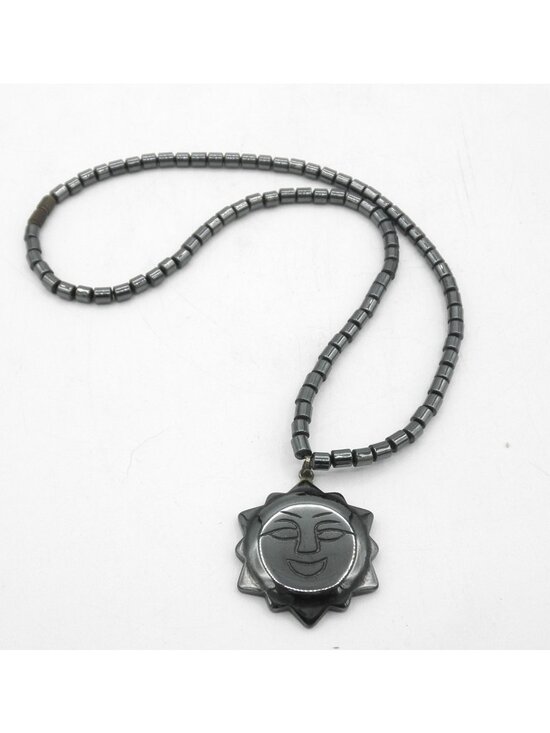 Unbranded Jewelry - Hematite Beaded Necklace Metallic Gray Black With Sun Face Pendant 17 Inches